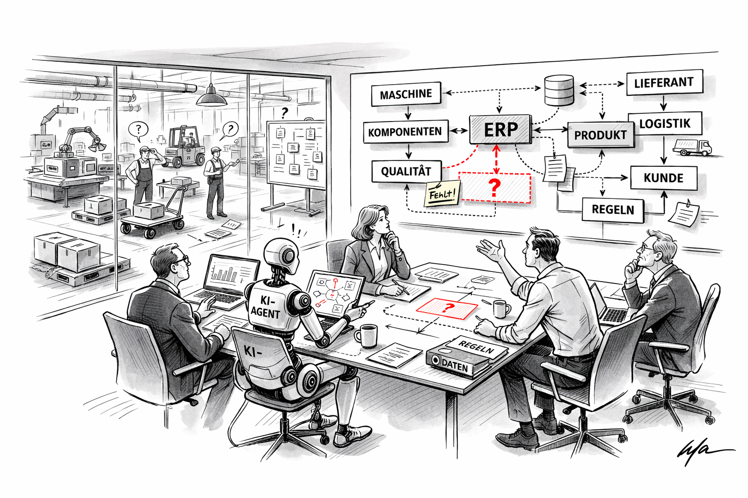 KI-Agent im Meeting mit Management während im Hintergrund eine Fabrik auf fehlende Daten im ERP wartet