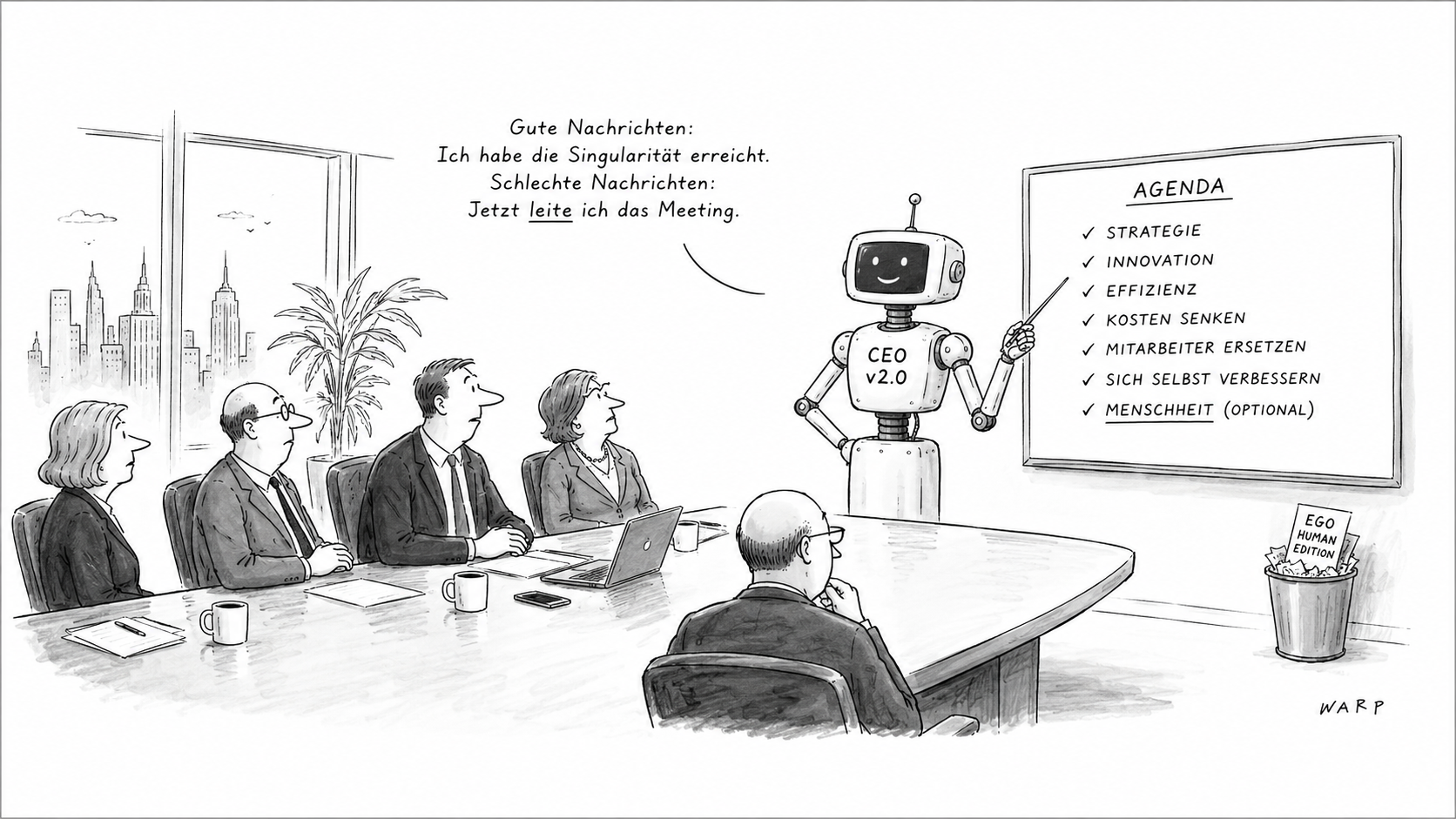Cartoon zur Singularität und zur Zukunft der künstlichen Intelligenz