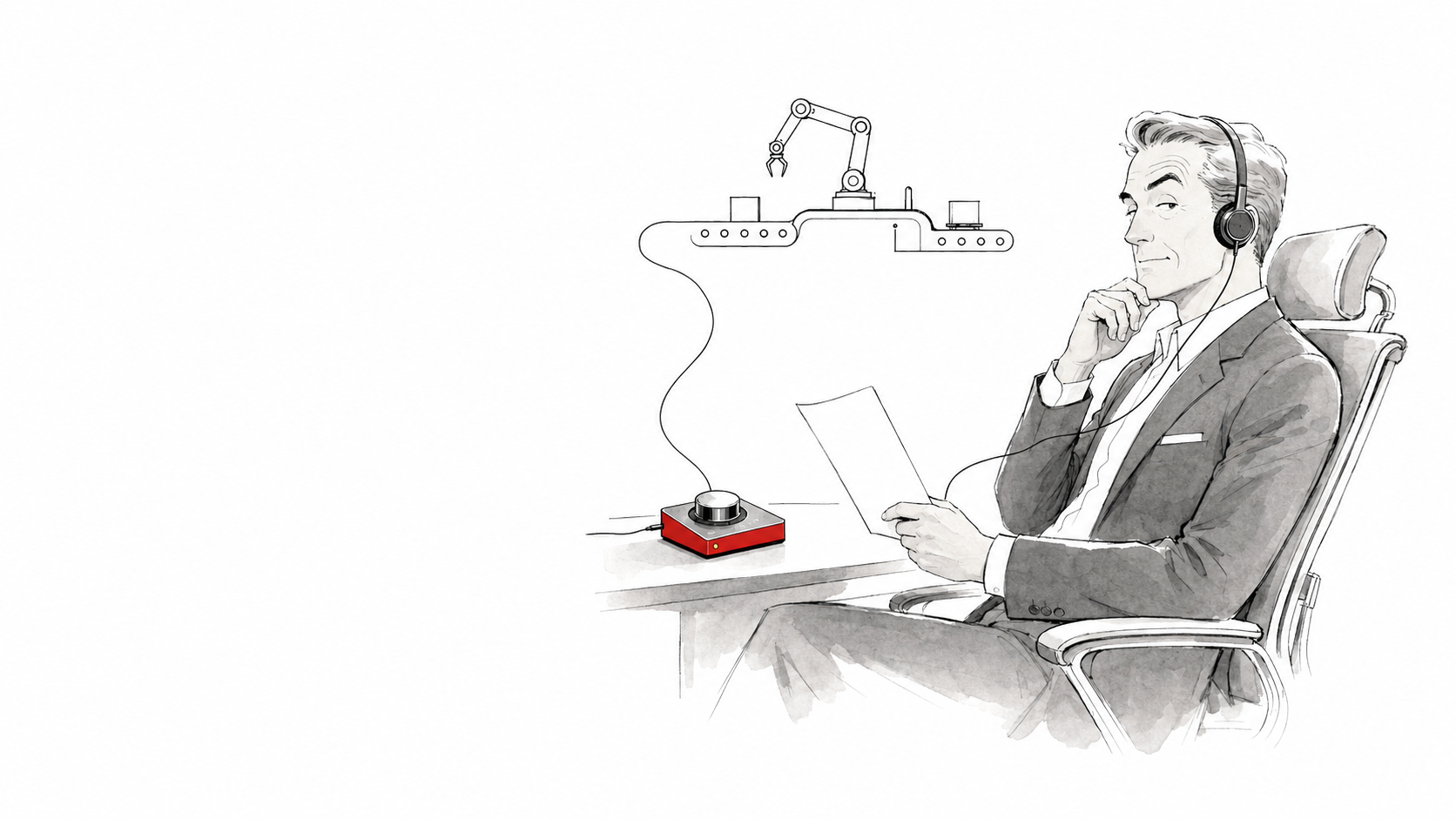 Manager hört ein strategisches Audio-Briefing; aus dem Audiogerät entsteht eine automatisierte Produktionslinie