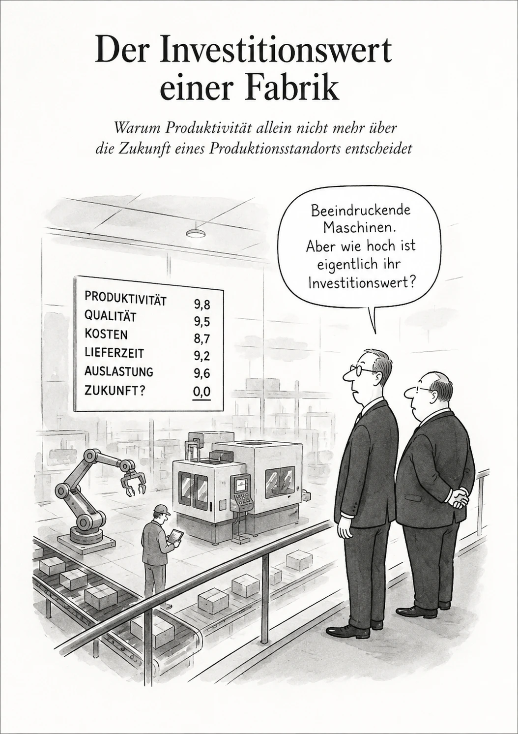 Cartoon zur Frage nach dem Investitionswert einer Fabrik