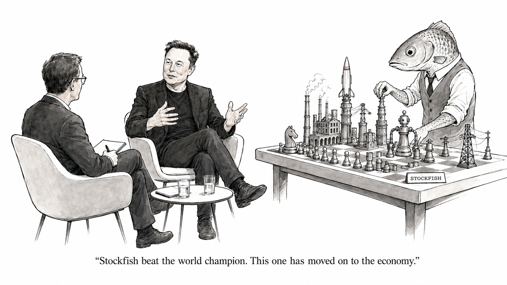 Elon Musk im Interview, während Stockfish das Schachbrett in eine industrielle Welt verwandelt