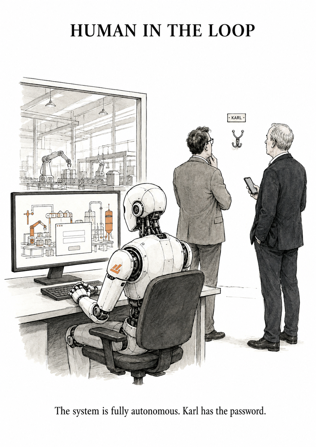 Cartoon eines Entscheiders zwischen rotem Knopf und automatisiertem System