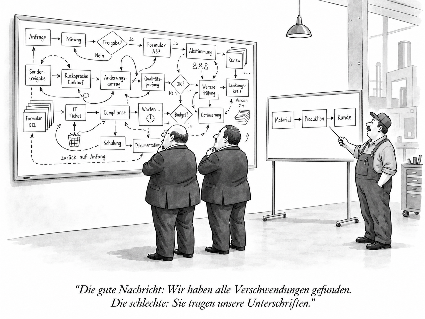 INFPRO Cartoon zu Lean Management: komplexe Managementprozesse treffen auf einen klaren Lean-Wertstrom