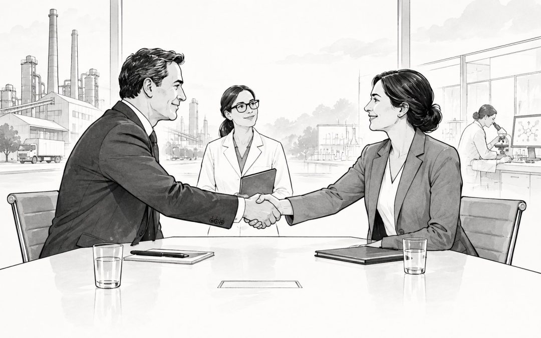 INFPRO Partnerschaft – schwarz-weiße Editorial-Illustration zu Zusammenarbeit von Industrie, Wissenschaft und Verbänden