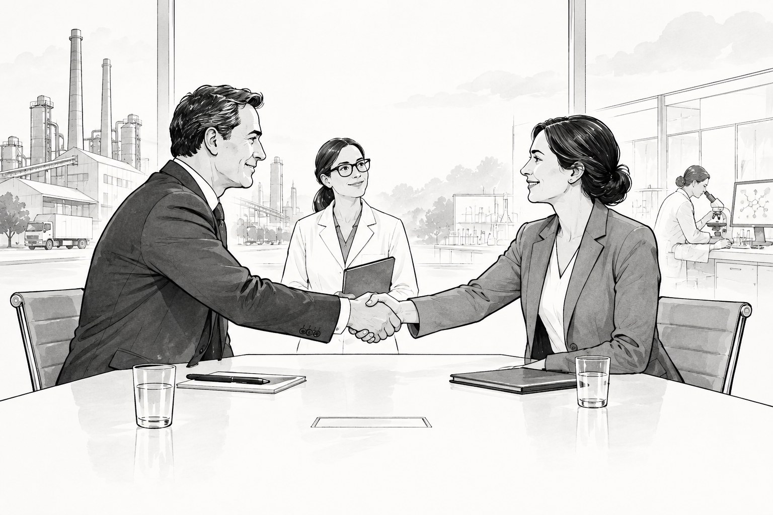 INFPRO Partnerschaft – schwarz-weiße Editorial-Illustration zu Zusammenarbeit von Industrie, Wissenschaft und Verbänden