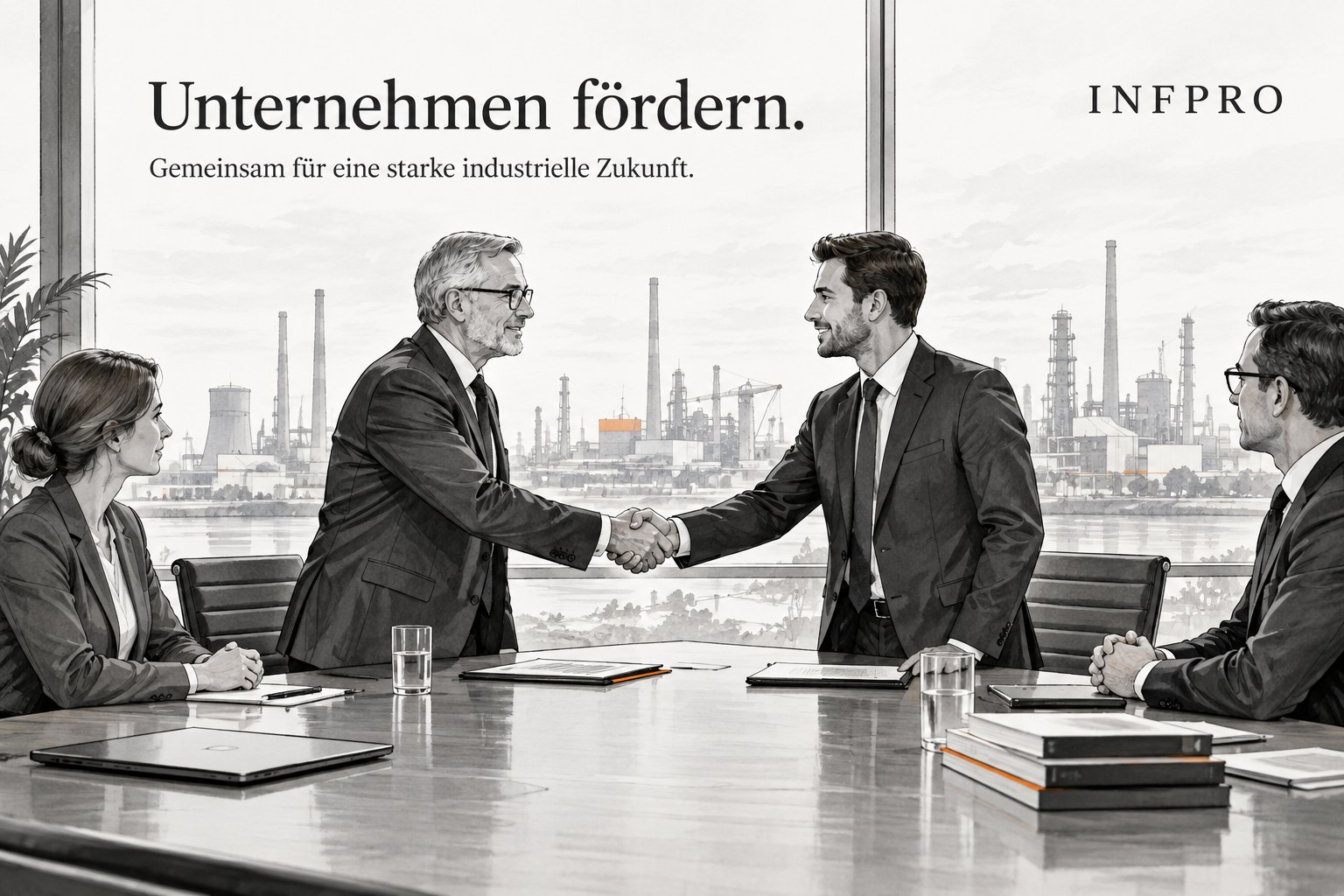 Unternehmen fördern INFPRO – schwarz-weiße Editorial-Illustration einer Unternehmensförderschaft