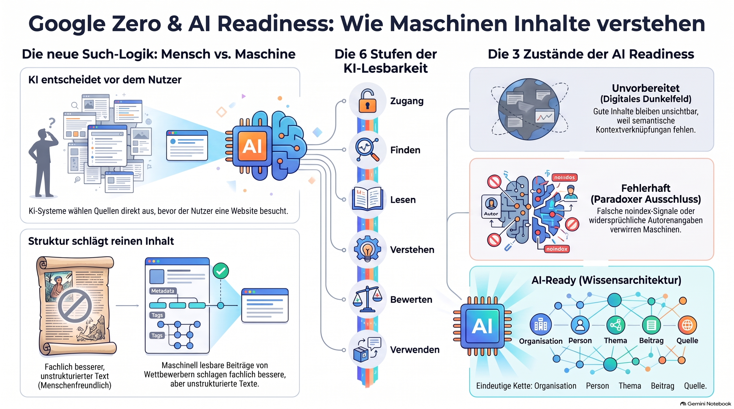 KI-Suche und AI Readiness: sechs Stufen vom Zugang bis zur Verwendung eines Inhalts